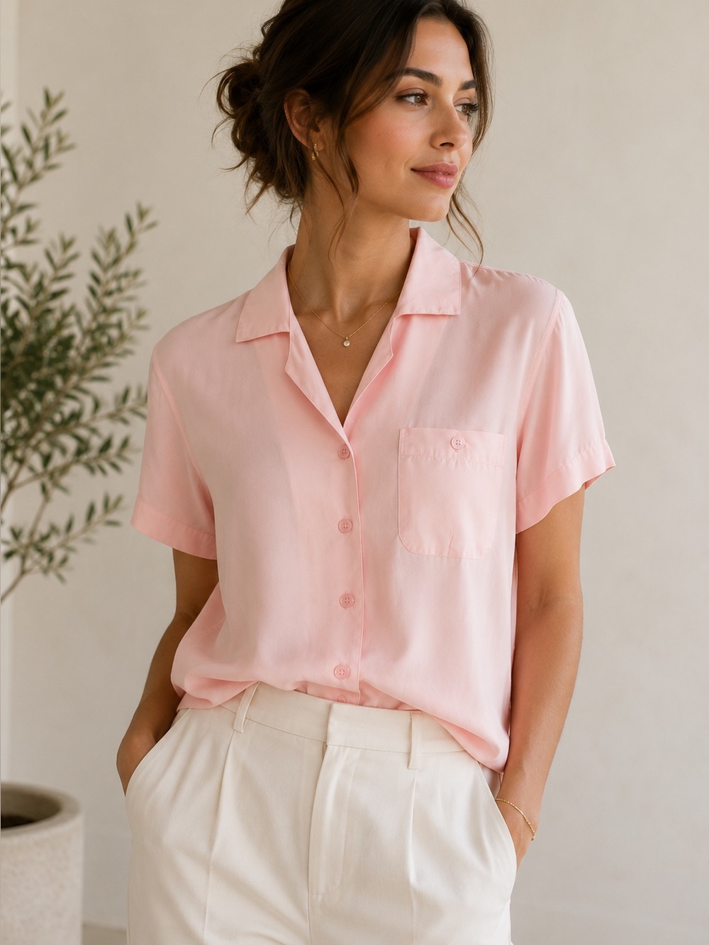 Field Manor 100% Silk Pink Short Sleeve Button Front Blouse Shirt Size 6 Vintage